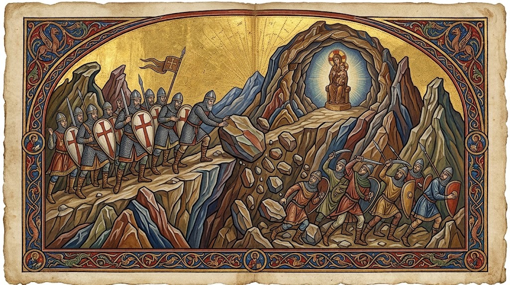 Un grupo de guerreros cristianos medievales hace rodar rocas desde lo alto de un desfiladero sobre las tropas enemigas en retiro, mientras una pequeña imagen de la Virgen resplandece en la boca de una cueva en lo alto, representado al estilo de una miniatura de manuscrito iluminado medieval