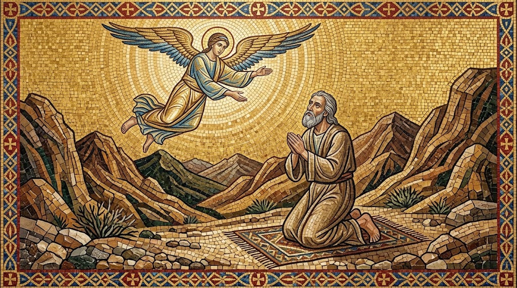 Un anciano arrodillado en oración en un paisaje desértico rocoso, mientras un ángel radiante desciende hacia él con los brazos extendidos en gesto de bendición, representado al estilo de un mosaico bizantino paleocristiano