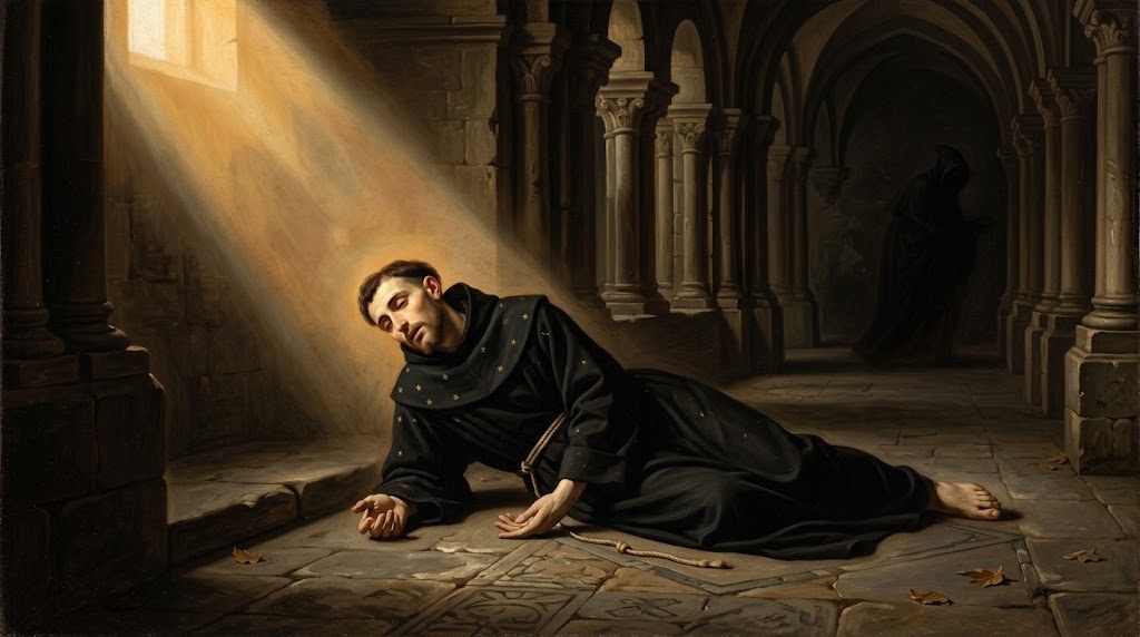 Un joven fraile agustino postrado en el suelo de un claustro medieval en penumbra, con expresión de dolor pero serena, mientras una sombra oscura y difusa se retira hacia las columnas, representado al estilo de una pintura académica religiosa