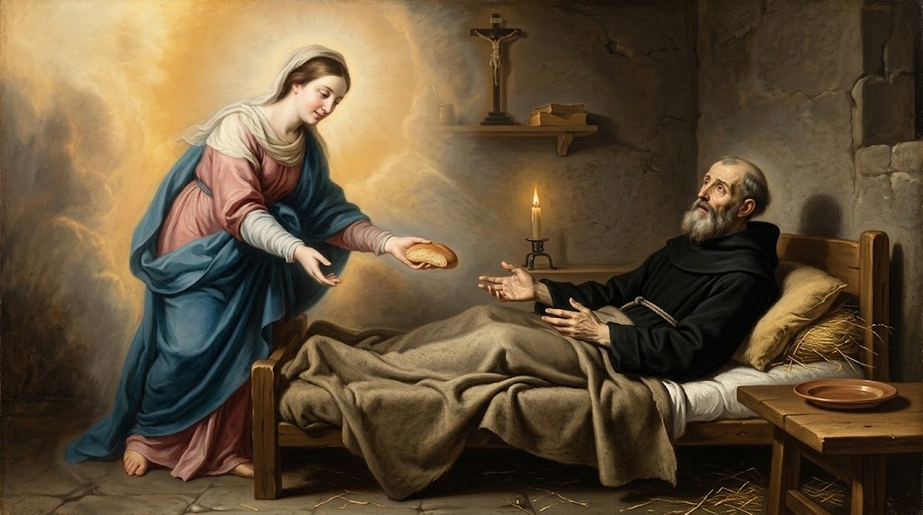 La Virgen María aparece en una celda monástica sencilla iluminada por luz suave, sosteniendo un trozo de pan hacia un fraile agustino enfermo postrado en su lecho, representado al estilo de una pintura académica religiosa