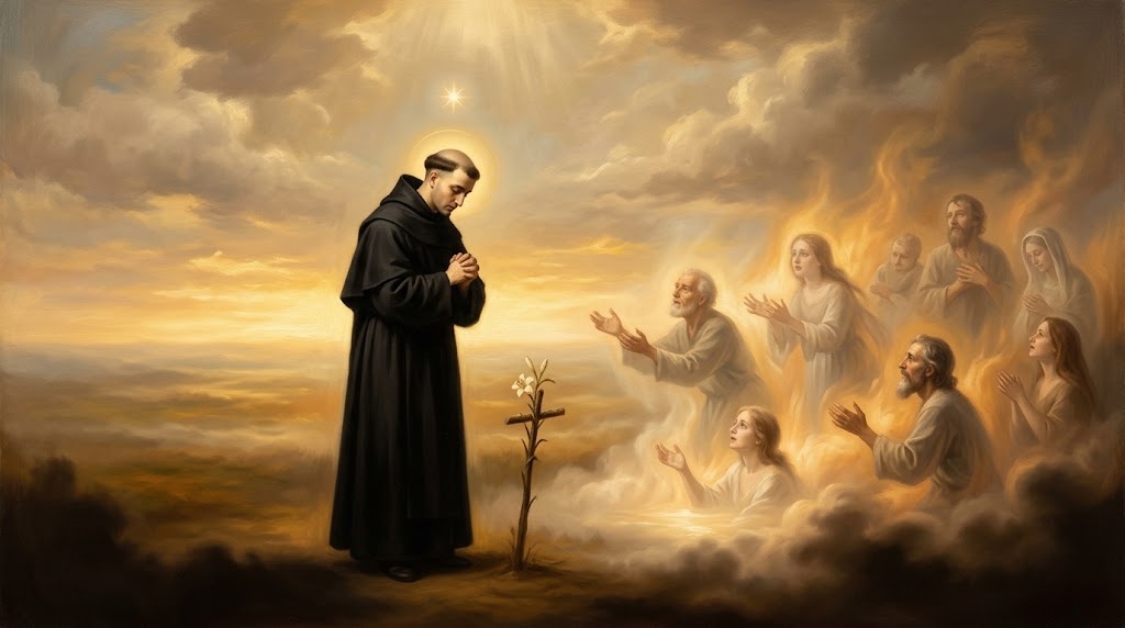Un fraile agustino de pie sobre una llanura envuelta en niebla dorada y tenues llamas purificadoras, rodeado de siluetas humanas translúcidas que le tienden las manos con expresión suplicante, representado al estilo de una pintura académica religiosa