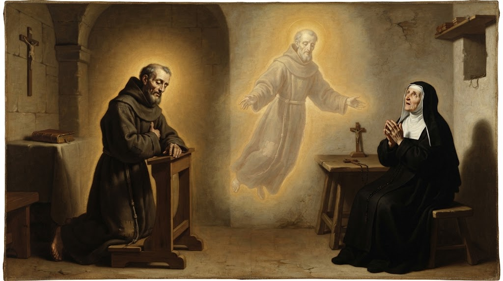San Pedro de Alcántara muere de rodillas en su celda mientras, al mismo tiempo, su figura radiante se aparece a Santa Teresa de Jesús en su propia celda, en estilo de pintura española del Siglo de Oro