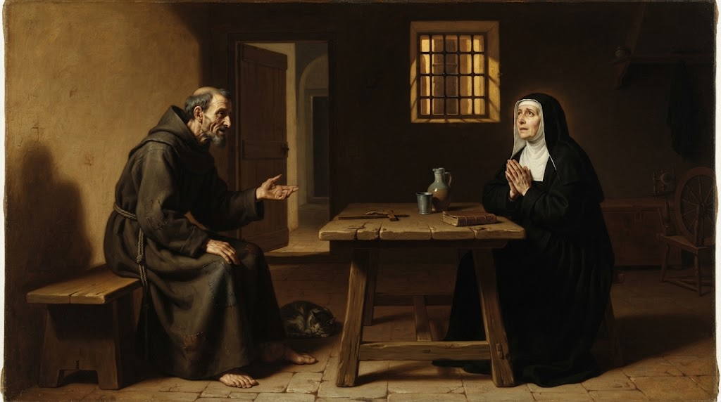 San Pedro de Alcántara conversa en un locutorio conventual con Santa Teresa de Jesús, que pasa de la angustia al alivio, en estilo de pintura española del Siglo de Oro