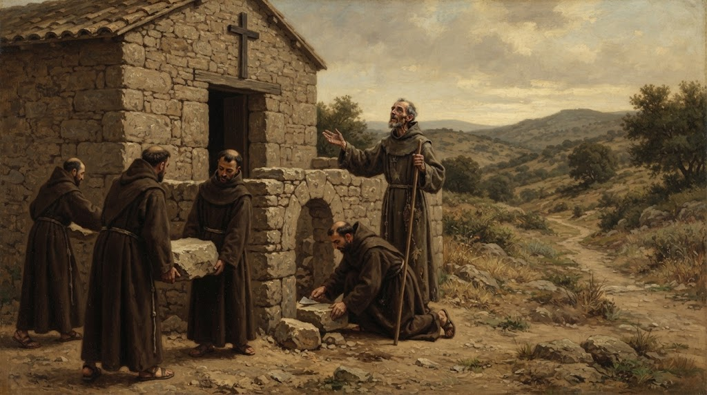 San Pedro de Alcántara dirige la construcción de un diminuto convento de piedra junto a varios frailes franciscanos, en un paisaje extremeño, en estilo de pintura española del Siglo de Oro