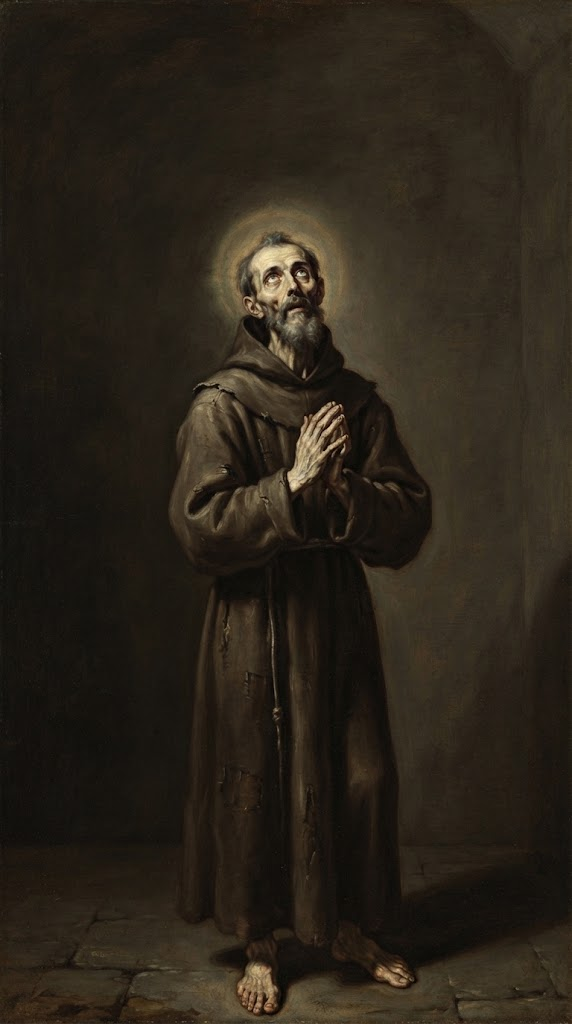San Pedro de Alcántara, fraile franciscano extremadamente delgado, descalzo, con el hábito remendado y las manos juntas en oración extática, mirando al cielo, en estilo de pintura española del Siglo de Oro