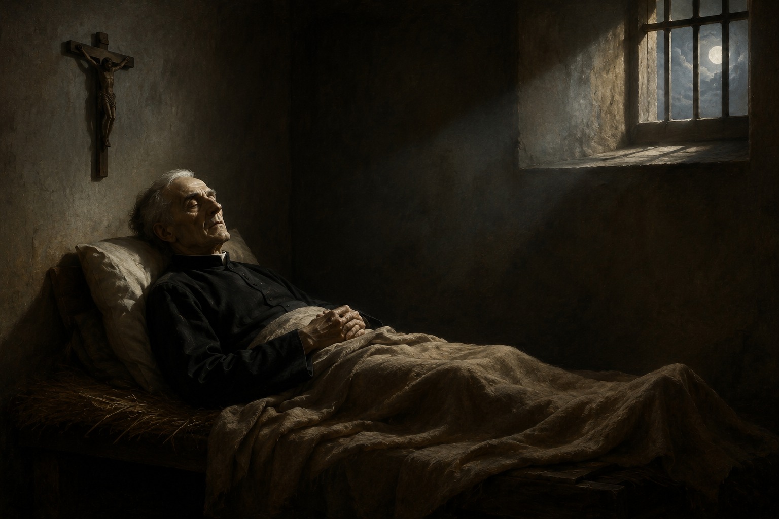 Un anciano sacerdote jesuita postrado y solo en una celda humilde de convento, iluminado por un rayo de luz de luna que entra por una ventana enrejada, con un crucifijo de madera en la pared