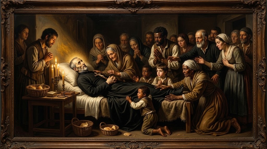 Un sacerdote jesuita anciano en su lecho de muerte, rodeado de una multitud de personas africanas y europeas que se inclinan para tocarle con veneración a la luz de velas, en una escena de profunda devoción