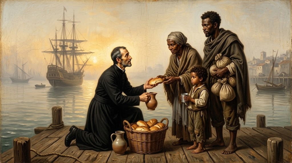 Un sacerdote jesuita arrodillado en un muelle al amanecer, ofreciendo pan y agua desde una cesta de mimbre a una familia africana recién llegada en barco, con un galeón visible entre la niebla del puerto