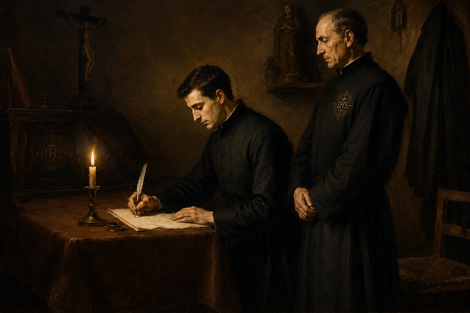 Un joven sacerdote jesuita firmando de su puño y letra el acta de sus votos perpetuos a la luz de una vela, mientras un sacerdote de mayor edad observa como testigo, en una sacristía en penumbra
