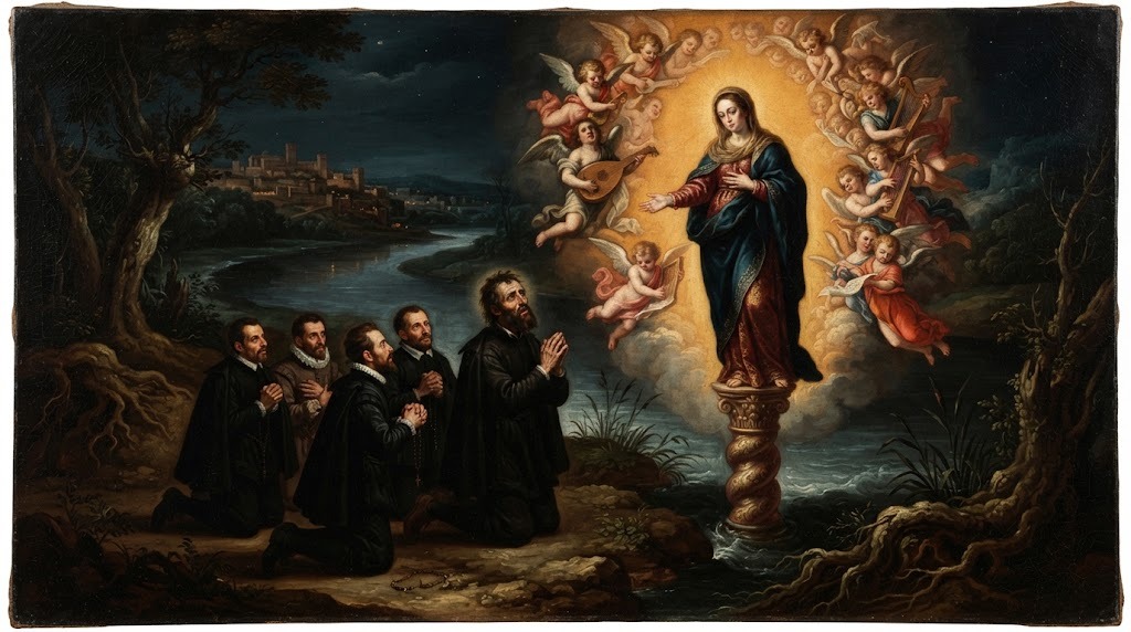La Virgen María se aparece a Santiago el Mayor y sus discípulos junto al río Ebro, sobre una columna de jaspe rodeada de ángeles, en estilo barroco español