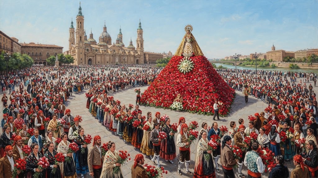 Multitud vestida con traje regional aragonés desfilando hacia una gran estructura cubierta de flores rojas en la Plaza del Pilar de Zaragoza, con la Basílica al fondo, estilo realista contemporáneo