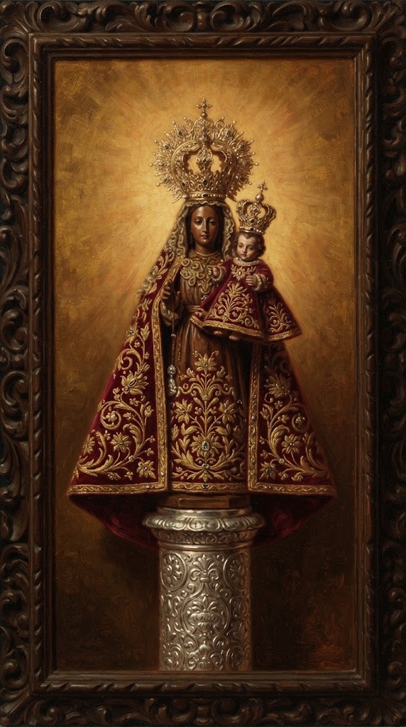 Nuestra Señora del Pilar, talla vestida con manto bordado en oro y rojo, con el Niño Jesús en brazos, sobre la columna de jaspe, en estilo barroco español