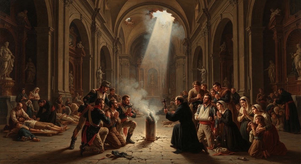Defensores de Zaragoza refugiados en el interior de la Basílica del Pilar durante los Sitios de 1808, junto a un proyectil que atravesó el techo sin estallar, en estilo académico español del siglo XIX