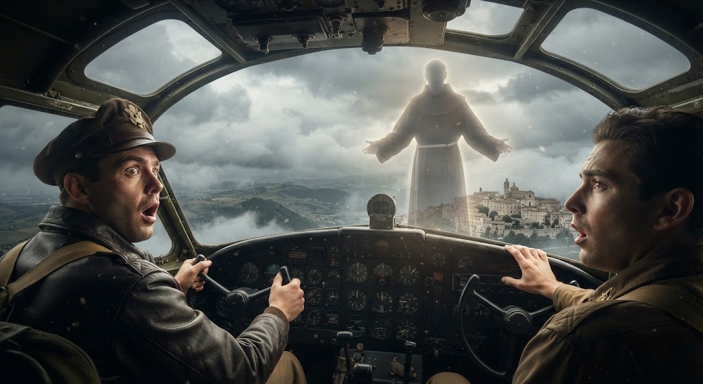 Interior de la cabina de un bombardero de la Segunda Guerra Mundial, con los pilotos sorprendidos al ver la silueta de un fraile suspendida en el cielo