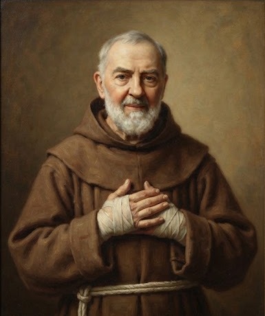 San Pío de Pietrelcina, fraile capuchino, con las manos vendadas cubriendo los estigmas