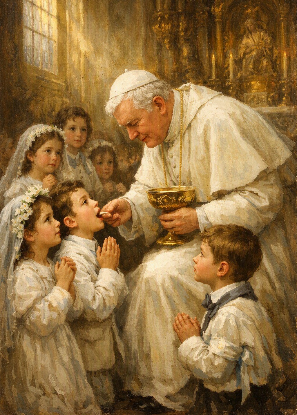 El papa San Pío X arrodillado dando la comunión a un grupo de niños pequeños vestidos de primera comunión, en el interior de una iglesia luminosa