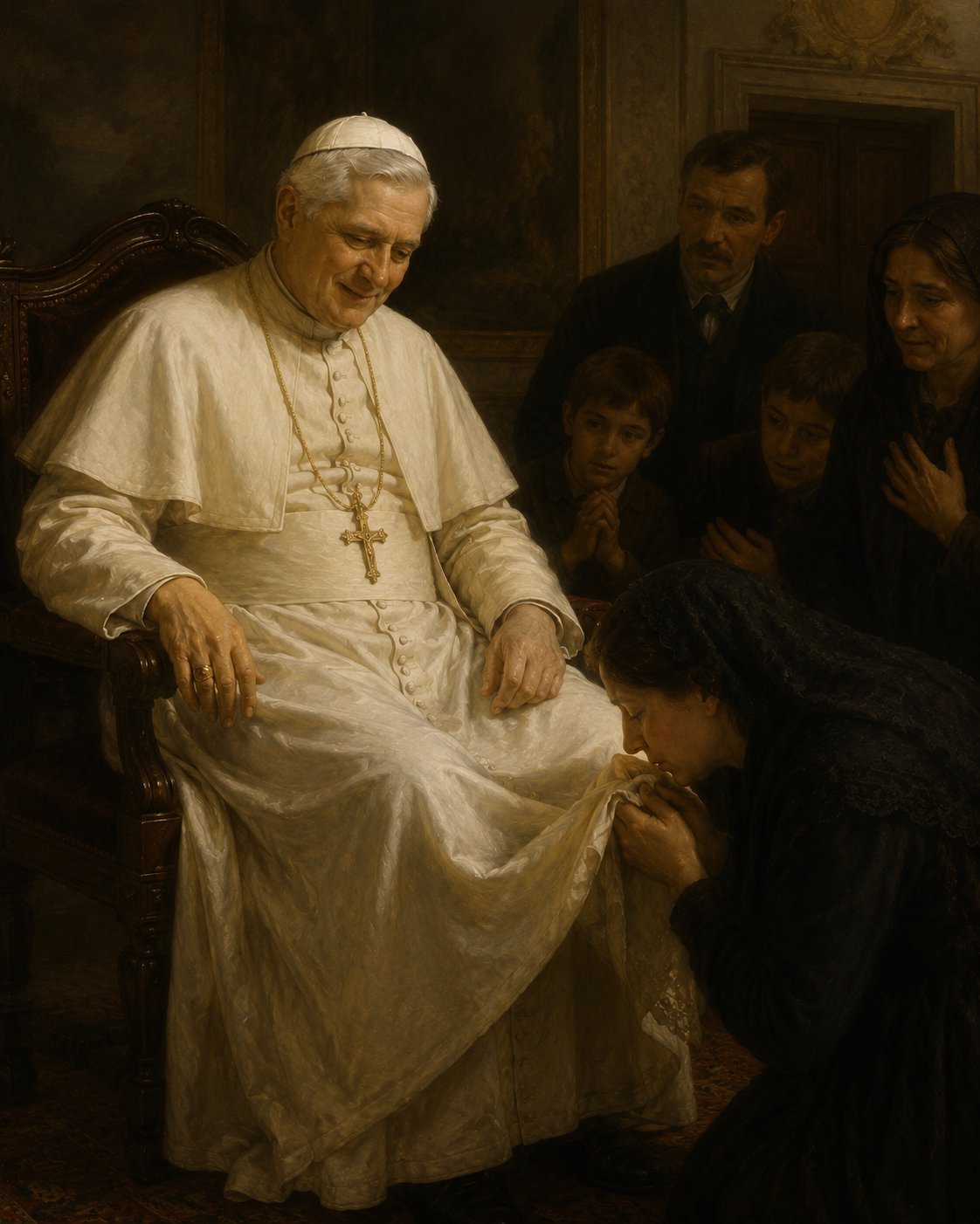 El papa San Pío X sentado con expresión humilde mientras una mujer arrodillada besa con devoción un trozo de su hábito, con más fieles observando la escena al fondo