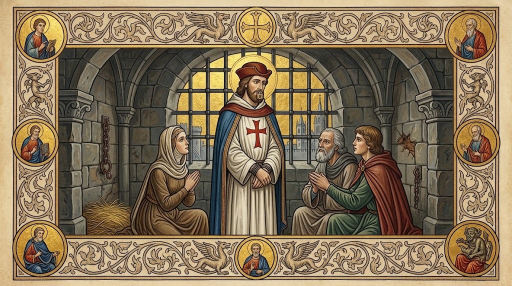 Un fraile mercedario cautivo, con un candado cerrado sobre los labios, permanece de pie con serenidad ante otros prisioneros que lo escuchan con esperanza, en una celda de piedra, representado al estilo de una miniatura de manuscrito iluminado medieval