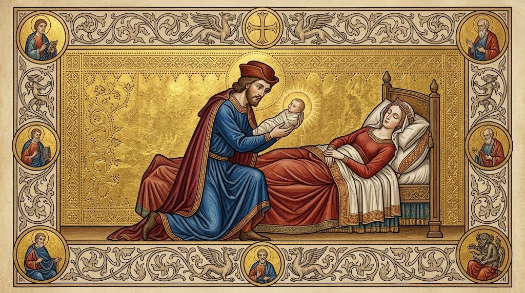 Un noble medieval sostiene con reverencia a un recién nacido junto al lecho de una mujer que descansa, en una escena tratada con delicadeza y sin ningún detalle explícito, representada al estilo de una miniatura de manuscrito iluminado medieval