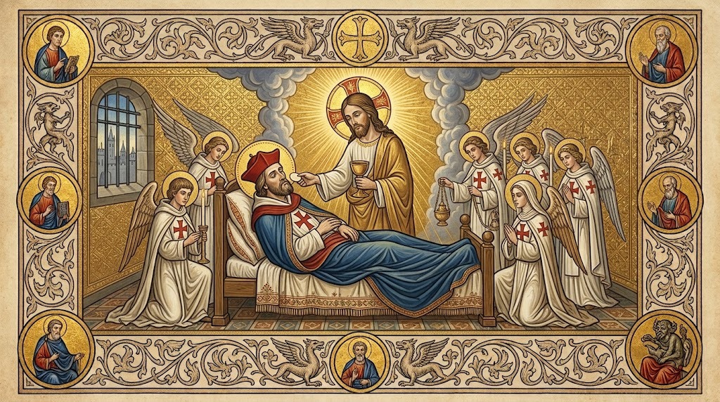 Un cardenal moribundo recibe la comunión de una figura luminosa de Cristo que desciende del cielo, rodeado de ángeles vestidos con hábitos mercedarios blancos, representado al estilo de una miniatura de manuscrito iluminado medieval
