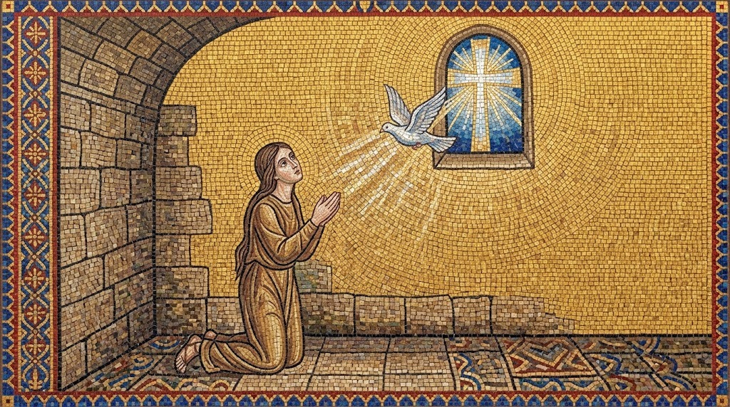 Una joven mártir arrodillada en una celda de piedra mira hacia arriba con asombro, mientras una cruz radiante de luz aparece en el cielo a través de una pequeña ventana y una paloma blanca desciende hacia ella, representado al estilo de un mosaico paleocristiano galo-romano