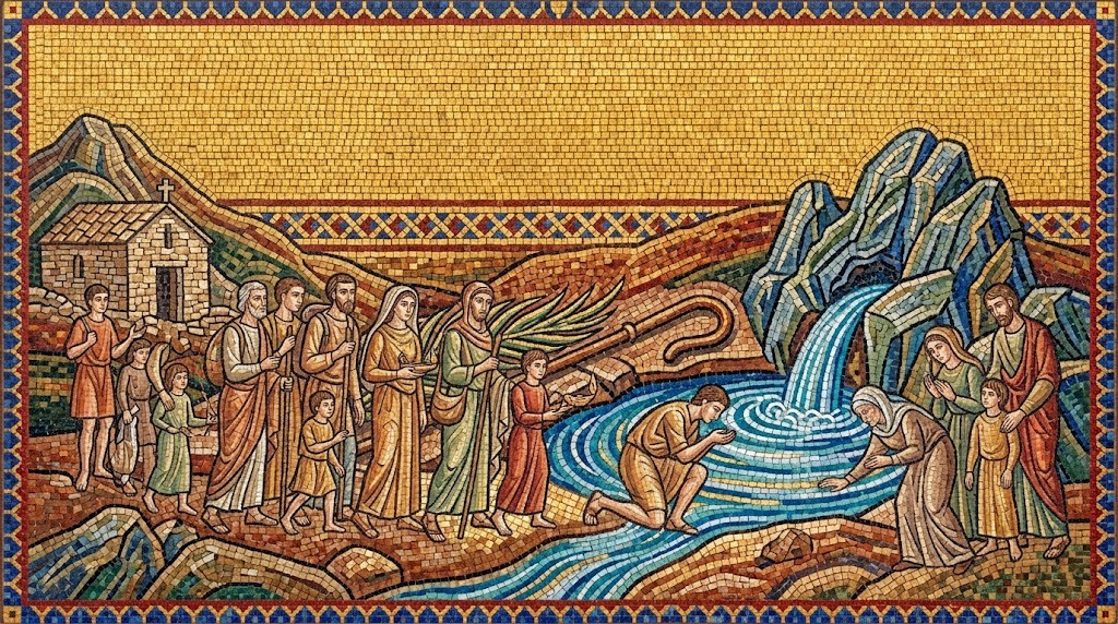 Una procesión de peregrinos de distintas edades se acerca a una pequeña capilla de piedra junto a un manantial, algunos arrodillados bebiendo o tocando el agua, representado al estilo de un mosaico paleocristiano galo-romano