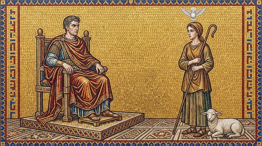 Una joven pastora con cayado y una oveja a sus pies permanece de pie con dignidad ante un gobernador romano sentado en un estrado, con una paloma blanca revoloteando sobre su cabeza, representado al estilo de un mosaico paleocristiano galo-romano