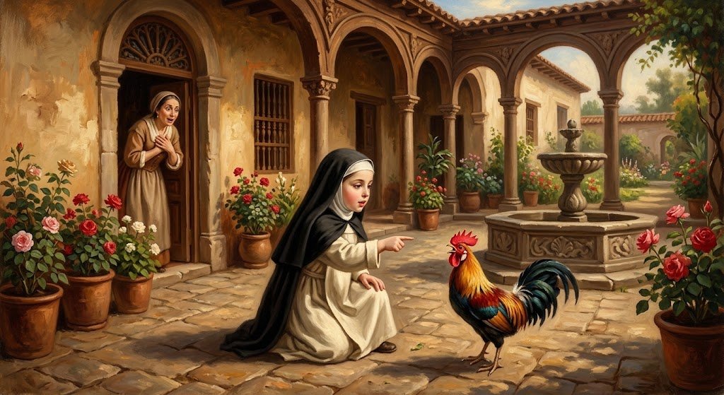 La niña Rosa de Lima, arrodillada en el patio de una casa colonial, señalando a un gallo mientras le habla, con su madre observando la escena con asombro desde una puerta cercana