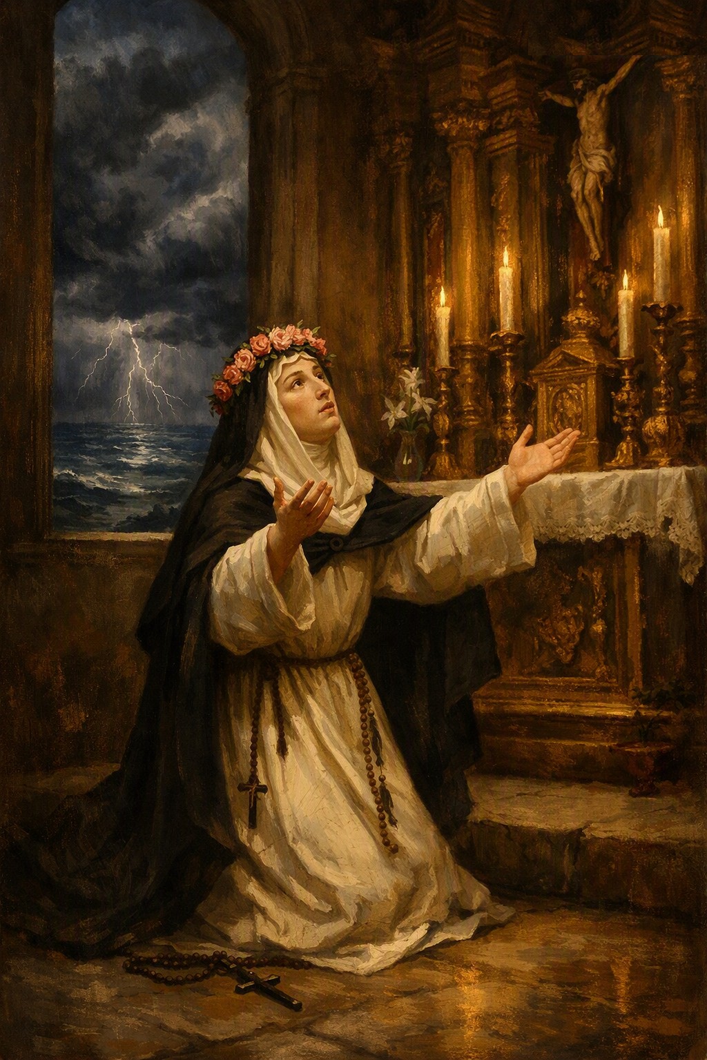 Santa Rosa de Lima arrodillada en oración ante el altar de una iglesia colonial, con los brazos extendidos, mientras a través de una ventana se distingue una tormenta repentina sobre el mar