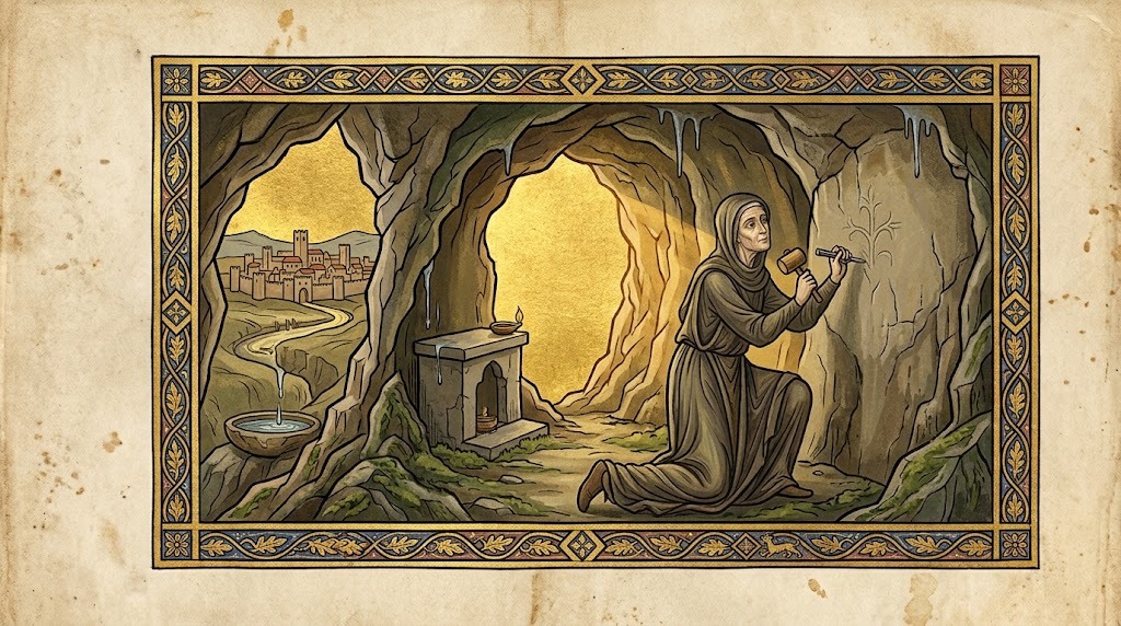 Una ermitaña medieval arrodillada en oración dentro de una cueva rocosa, tallando algo en la pared de piedra junto a un pequeño altar, con una ciudad lejana visible a través de la abertura de la cueva, representado al estilo de una miniatura de manuscrito iluminado medieval