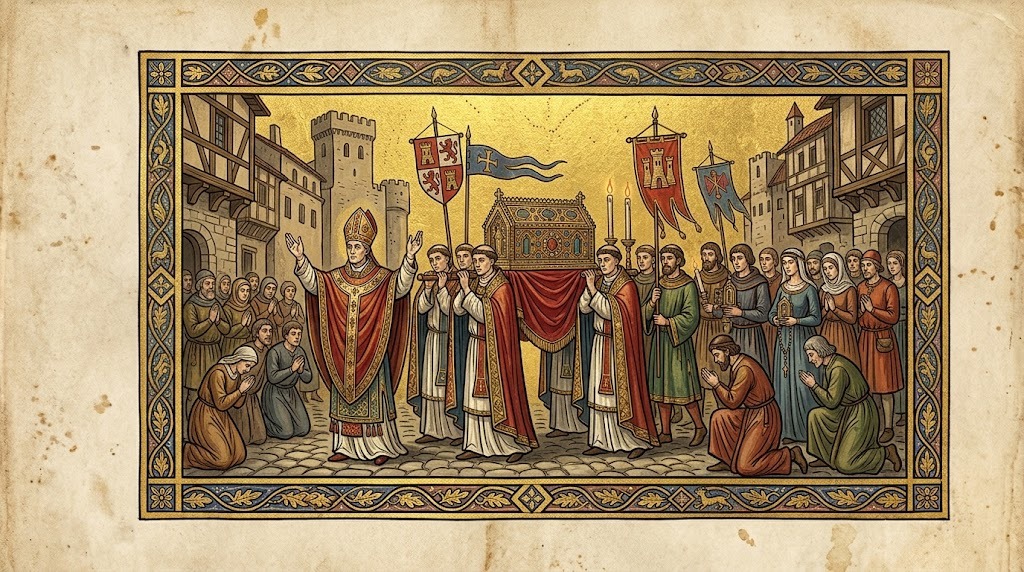 Una solemne procesión de clero y ciudadanos porta un relicario ornamentado por las calles de una ciudad medieval, con un obispo bendiciendo a la multitud arrodillada, representado al estilo de una miniatura de manuscrito iluminado medieval