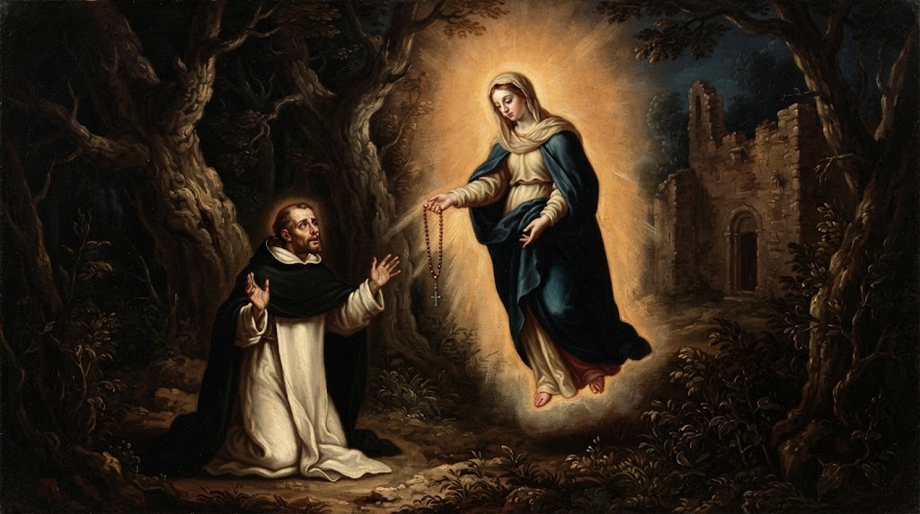 La Virgen María se aparece a Santo Domingo de Guzmán en un bosque cerca de Prouilhe, entregándole un rosario, en estilo barroco español tenebrista