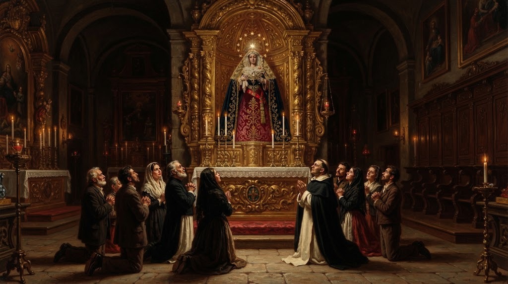 La imagen de la Virgen del Rosario venerada en Granada, con una estrella luminosa en la frente, rodeada de fieles en actitud de rogativa durante la peste de 1679, en estilo barroco español