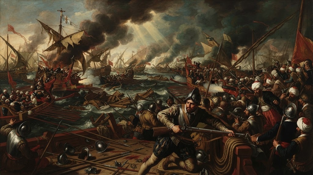 La batalla naval de Lepanto entre la Liga Santa y la flota otomana, combate entre galeras con humo de cañón, en estilo barroco español
