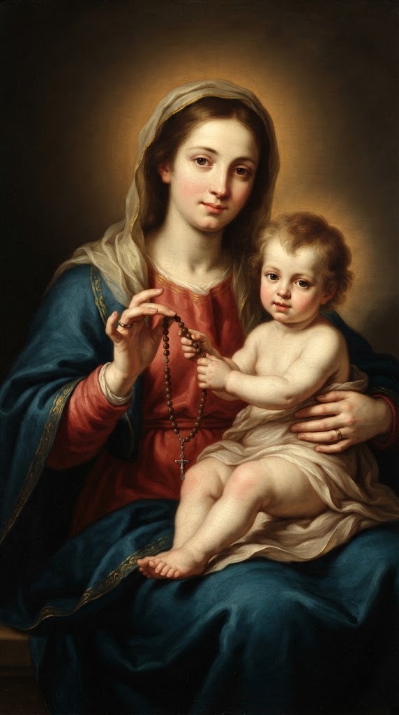Nuestra Señora del Rosario con el Niño Jesús en brazos, el rosario como objeto compartido entre ambos, en estilo barroco español tenebrista