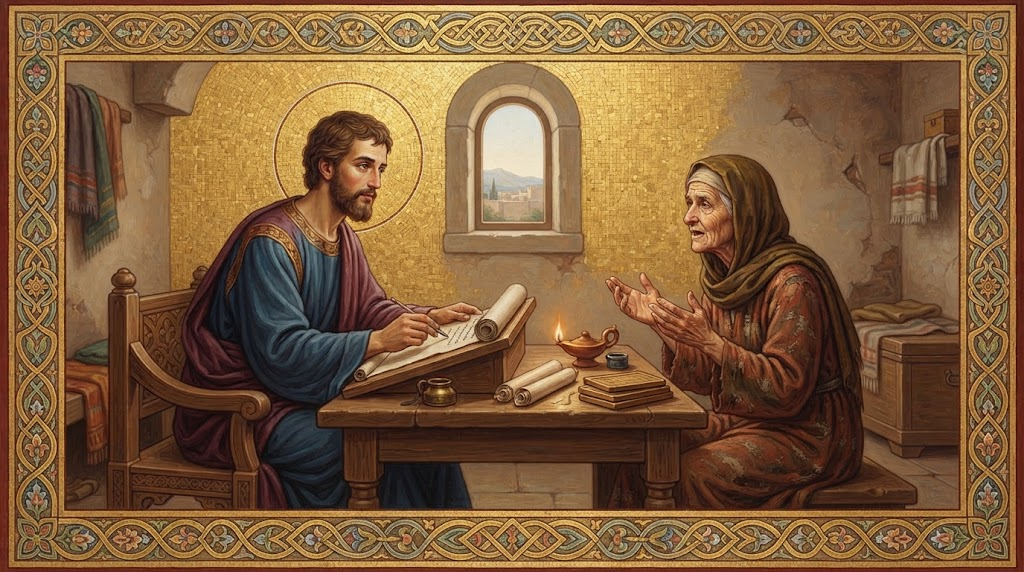 San Lucas sentado a una mesa escribiendo sobre un pergamino mientras una anciana testigo le relata sus recuerdos, en estilo de mosaico bizantino con orla de manuscrito iluminado