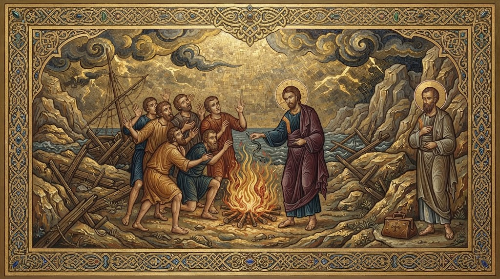 Supervivientes de un naufragio junto a una hoguera en la costa de Malta, mientras Pablo sacude una víbora hacia el fuego ante la mirada atónita de los presentes, en estilo de mosaico bizantino
