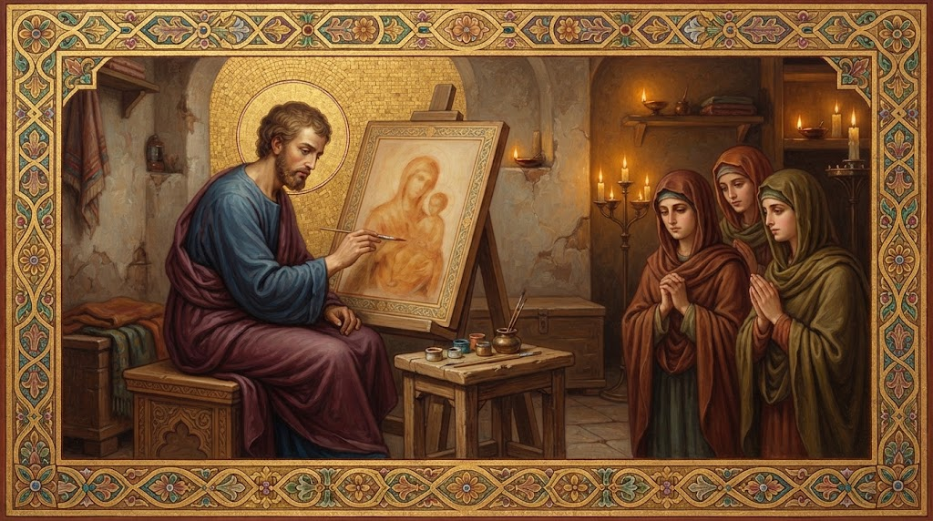 San Lucas pintando un icono de la Virgen con el Niño sobre un panel de madera, mientras varias mujeres piadosas observan respetuosamente, en estilo de mosaico bizantino con orla de manuscrito iluminado