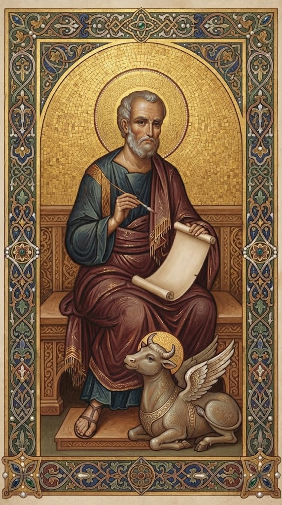 San Lucas Evangelista, anciano con túnica griega, sosteniendo un pergamino en blanco y un pincel, junto a un buey alado, en estilo de mosaico bizantino con orla de manuscrito iluminado