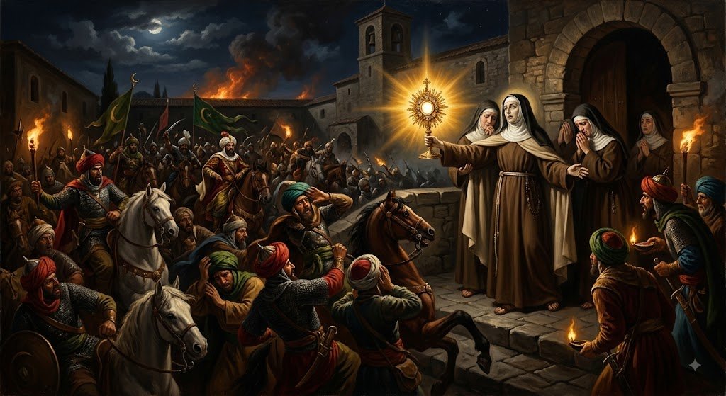 Santa Clara defiende el convento de San Damián mostrando la custodia con el Santísimo Sacramento ante las tropas sarracenas