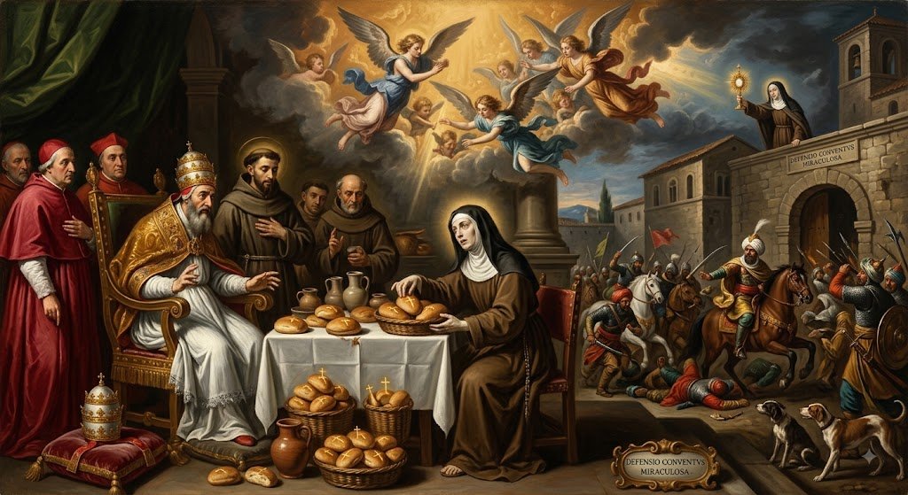 Santa Clara bendice el pan ante el Papa mientras los ángeles descienden con la corona; al fondo, la defensa milagrosa del convento