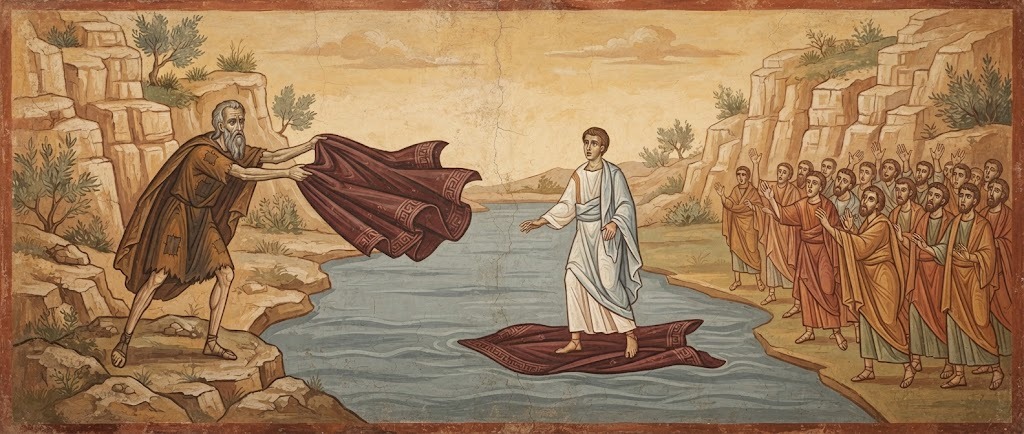 San Saturio lanza su capa sobre el río Duero para que su discípulo Prudencio cruce sin ahogarse, ante la mirada de otros testigos en la orilla