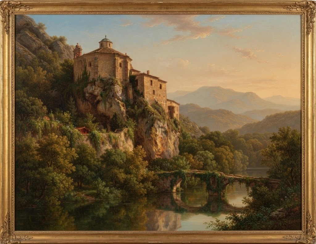 La ermita barroca de San Saturio, construida sobre una cueva en un acantilado rocoso junto al río Duero, con su reflejo en el agua