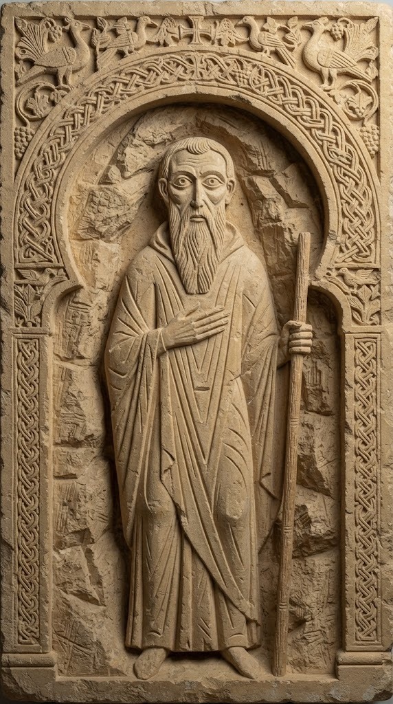 San Saturio representado con el estilo real de su época, relieve de piedra caliza visigoda del siglo VI, con bastón junto a la entrada de una cueva