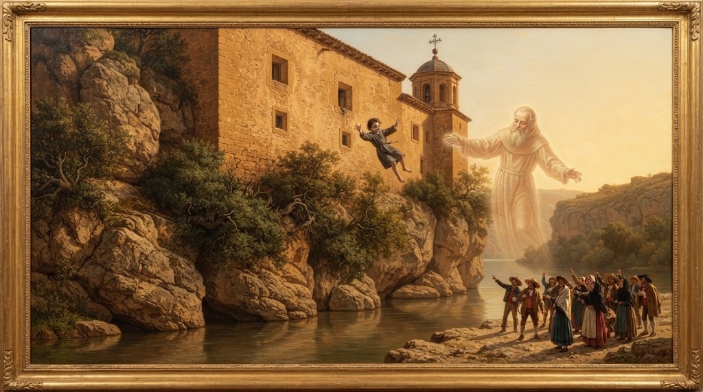 Un niño cae desde una ventana en lo alto de la cueva hacia el río, mientras una figura luminosa de un anciano ermitaño aparece junto a él sosteniéndolo en el aire, ante la mirada de un grupo de aldeanos del siglo XVIII
