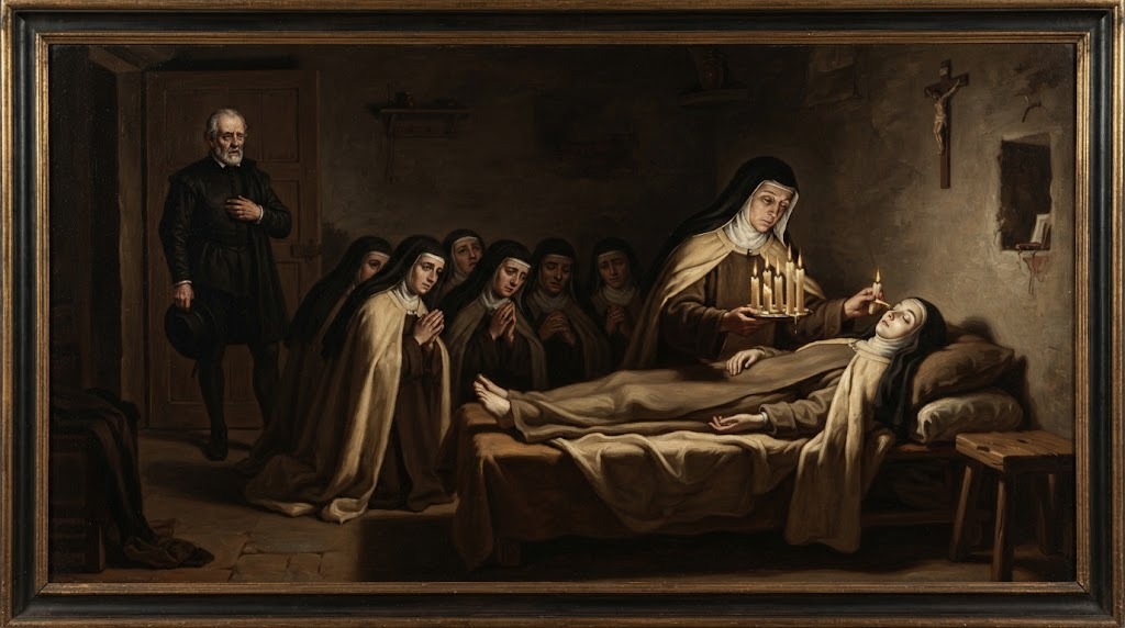 Las monjas del convento comprueban con cera caliente si la joven Teresa, en estado de coma, sigue con vida, mientras su padre observa desde la puerta, en estilo de pintura barroca española