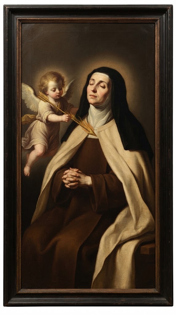 Santa Teresa de Jesús, monja carmelita, con el corazón traspasado por un rayo dorado, en estilo de pintura barroca española