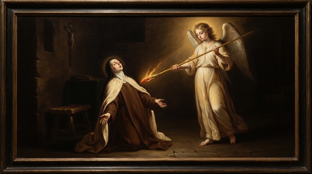 Un ángel traspasa el corazón de Santa Teresa de Jesús con una lanza dorada durante un éxtasis místico, en estilo de pintura barroca española