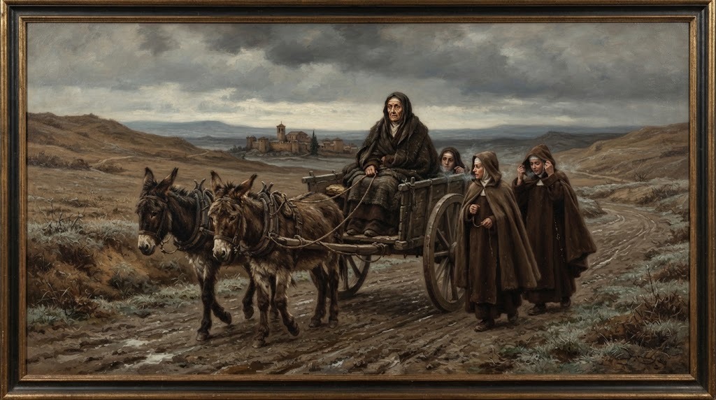 Santa Teresa de Jesús, ya anciana, viaja en un carro tirado por mulas por un camino castellano en invierno, acompañada de varias monjas, en estilo de pintura barroca española
