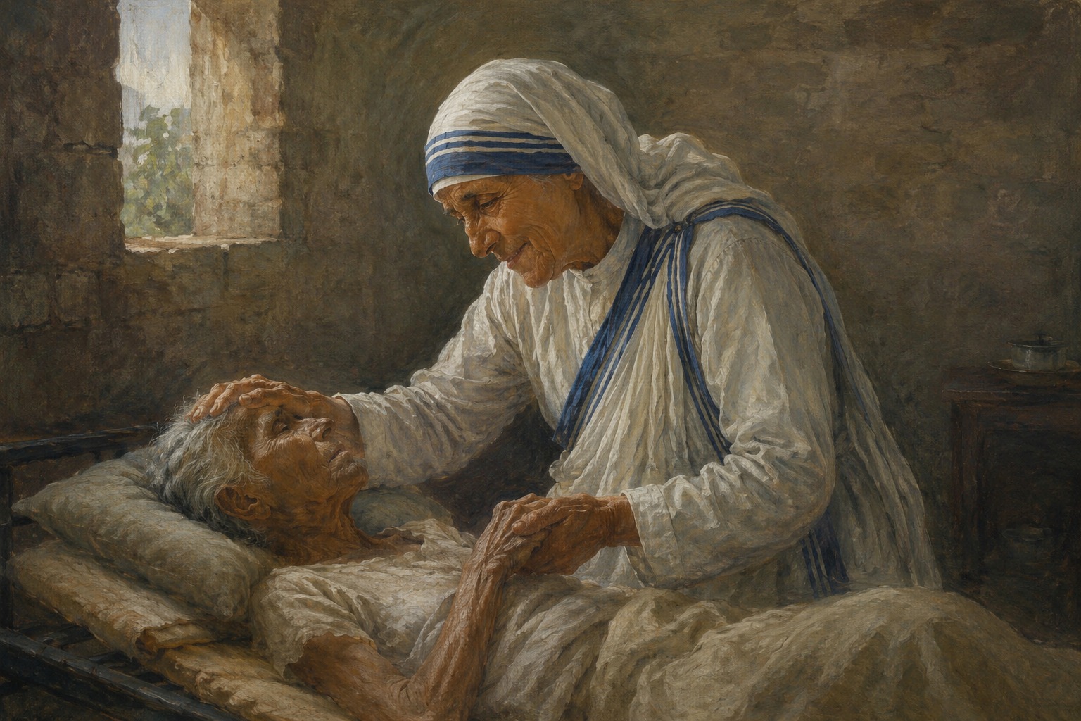 Una anciana monja con hábito religioso cuida con ternura a una persona mayor y frágil recostada en una cama sencilla dentro de un edificio humilde de piedra, con luz natural entrando por una pequeña ventana, representado al estilo de una pintura académica realista devocional del siglo XX